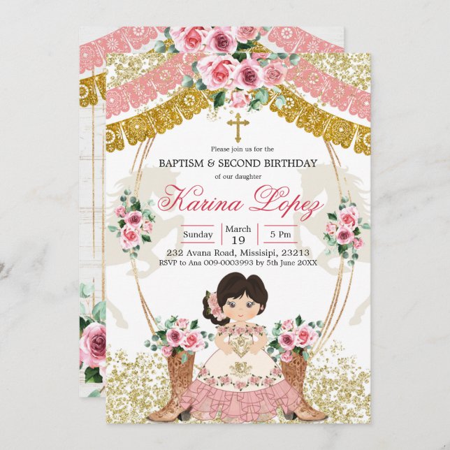 Western Mexican Pink Boot Charra Baptism&Birthday Invitation (Front/Back)