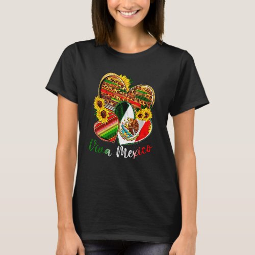 Western Mexico Heart Sunflowers Viva Mexico Flag L T_Shirt