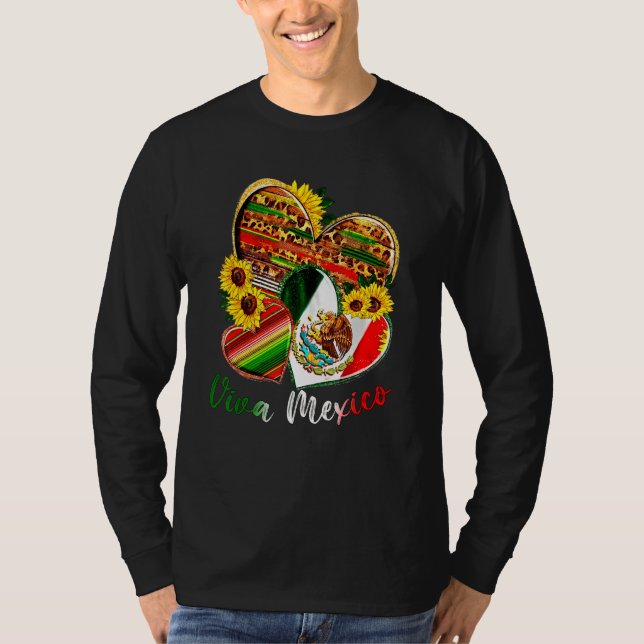 Western Mexico Heart Sunflowers Viva Mexico Flag L T-Shirt (Front)