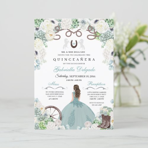 Western Mint Green Horse Charra Quinceaera Invitation