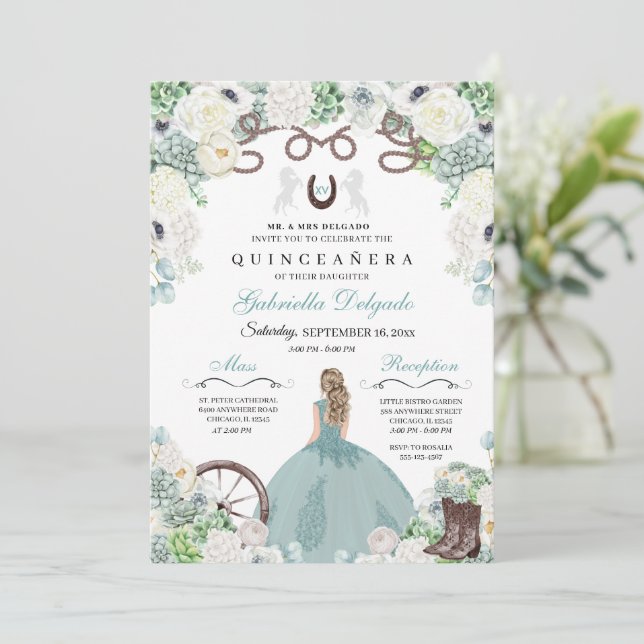 Western Mint Green Horse Charra Quinceañera Invitation (Standing Front)