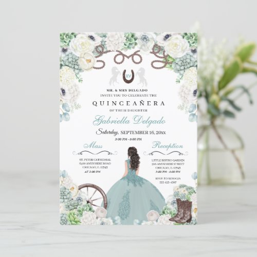 Western Mint Green Horse Charra Quinceaera Invitation