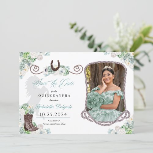 Western Mint Green Quinceaera Save The Date Photo Invitation