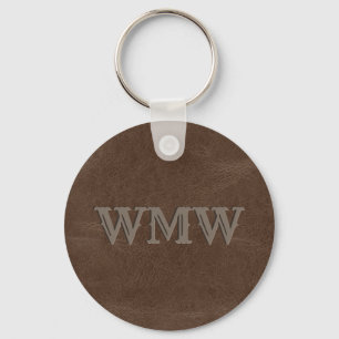 Western Monogram Brown Faux Leather Keychain