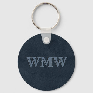 Western Monogram Navy Blue Faux Leather Keychain