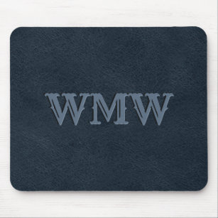 Western Monogram Navy Blue Faux Leather Mouse Pad