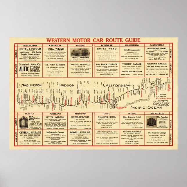 Western Motor Car Route GuidePanoramic Map Poster (Front)
