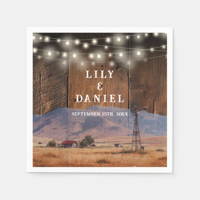 Western Mountain Ranch Barn Wood Wedding Napkins (Front)