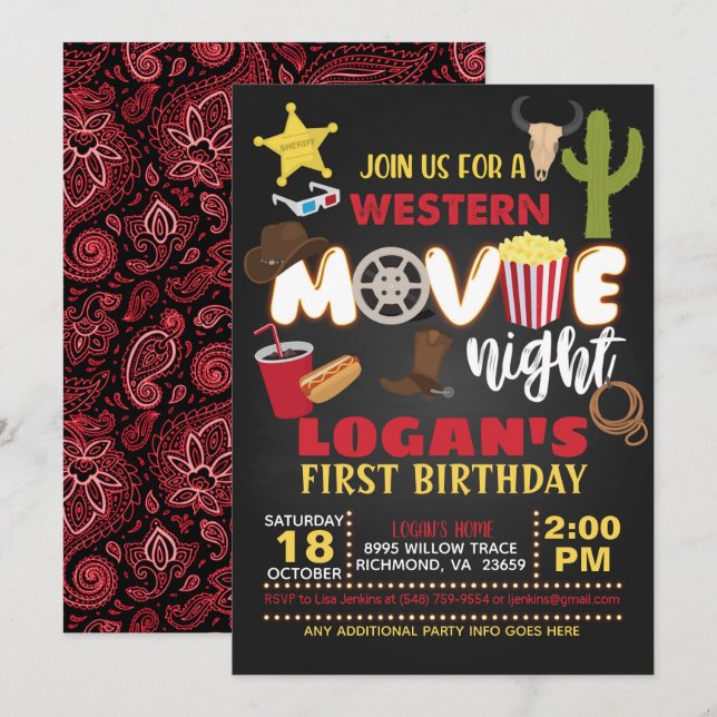 Western Movie Night Birthday Invitation (Front/Back)