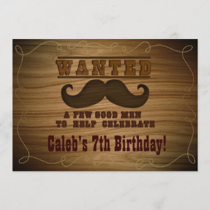 Western Mustache Wanted Birthday Party Invitations
