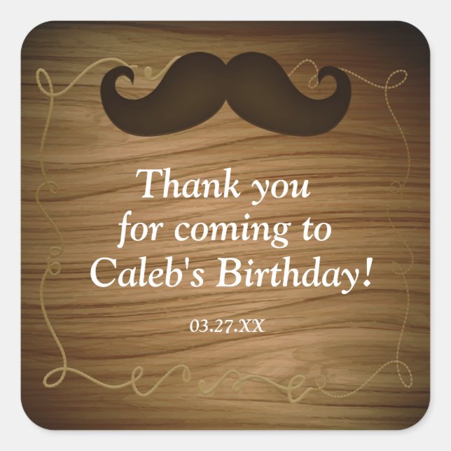 Western Mustache Wood Birthday Party Sticker Label (Front)