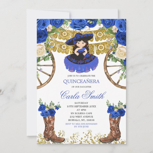 Western Navy Blue and Gold Charra 15 Anos Invitation (Front)
