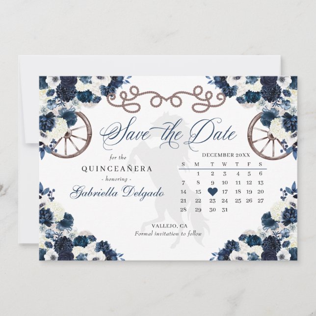 Western Navy Blue Charro Quinceañera Save The Date Invitation (Front)