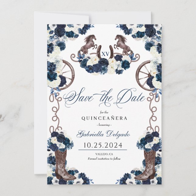 Western Navy Blue Charro Save The Date Quinceañera Invitation (Front)