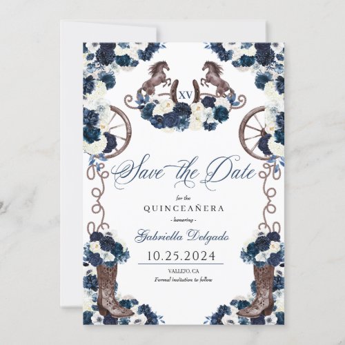 Western Navy Blue Charro Save The Date Quinceaera Invitation
