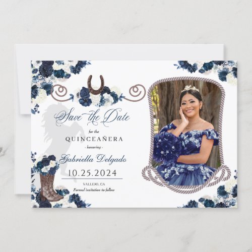Western Navy Blue Quinceaera Save The Date Photo Invitation