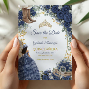 Western Navy Blue Roses Golden Country Quinceañera Save The Date