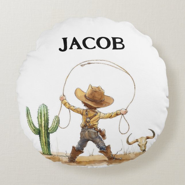 Western Nursery Decor, Personalized Cowboy Round Pillow (Front)
