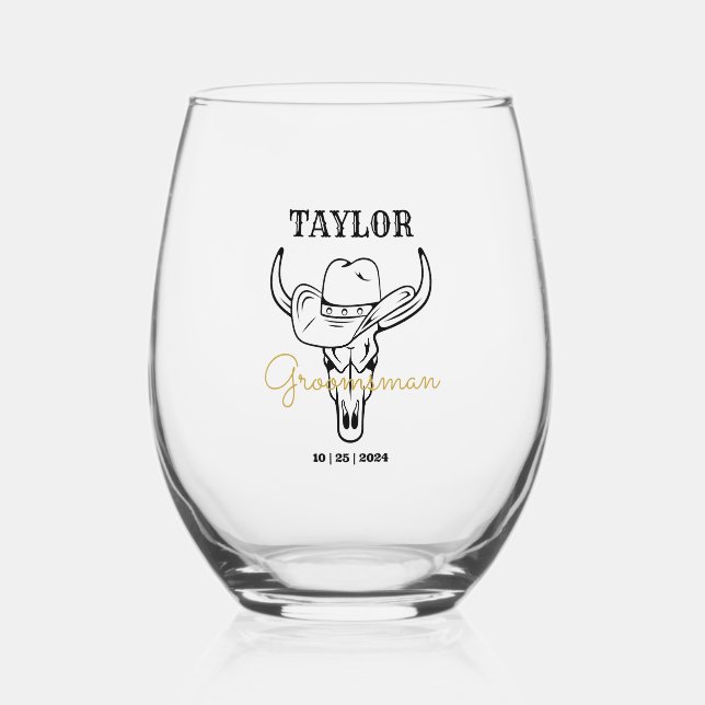 Western Old Frontier Cowboy Personalized Groomsmen Stemless Wine Glass (Front)