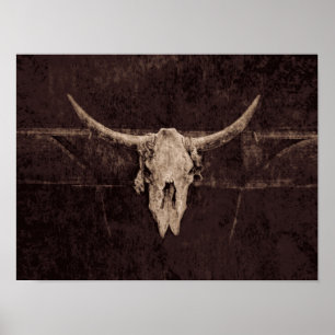 Western Old Rustic Bull Skull Brown Beige Country Poster