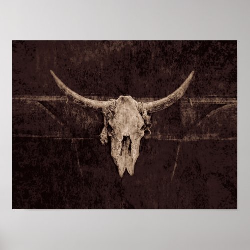 Western Old Rustic Bull Skull Brown Beige Country Poster