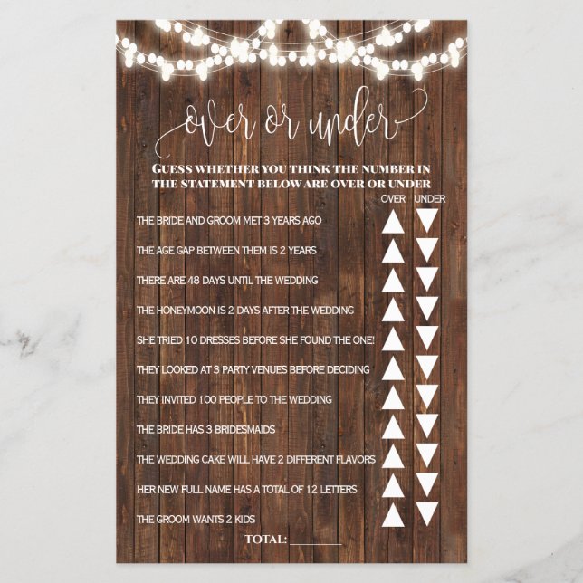 Western Over or Under Bridal Shower Game Card Flyer (Front)