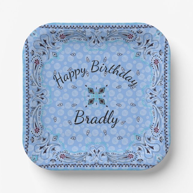 Western Paisley Blue Bandana Custom 7" Paper Plates (Front)