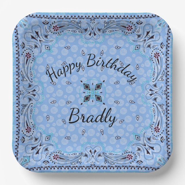 Western Paisley Blue Bandana Custom 9"  Paper Plates (Front)