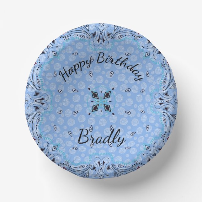 Western Paisley Blue Bandana Custom  Paper Bowls (Front)