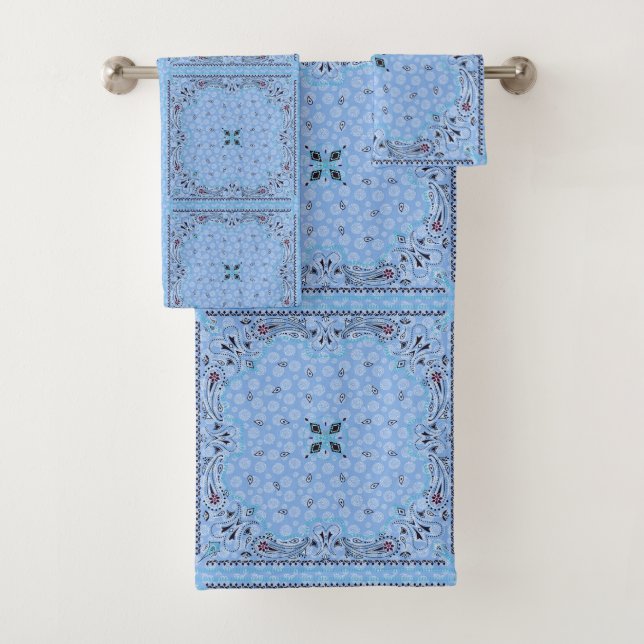 Western Paisley Blue Bandana Print Bath Towel Set (Insitu)