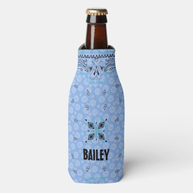 Western Paisley Blue Bandana Print Personalized Bottle Cooler (Bottle Front)