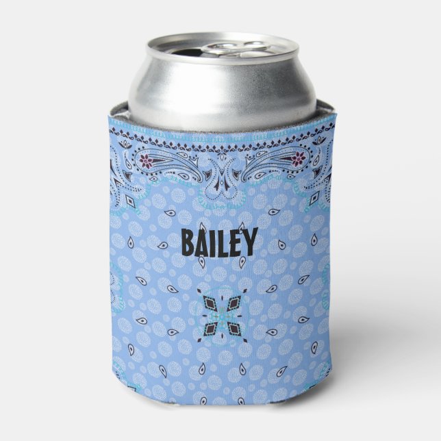 Western Paisley Blue Bandana Print Personalized Can Cooler (Can Front)