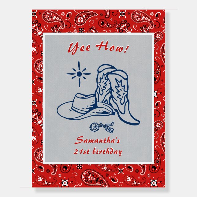 Western Paisley Denim Blue Jeans Birthday Welcome Foam Board (Front)