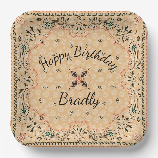 Western Paisley Gold Bandana Custom 9" Paper Plates (Front)