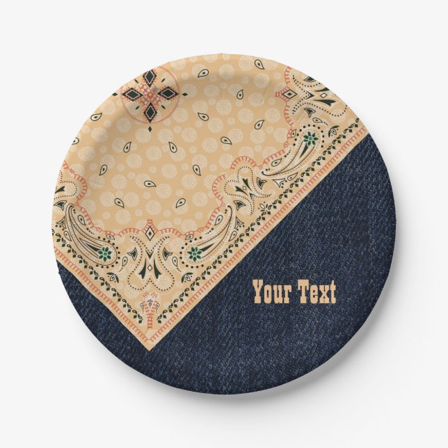 Western Paisley Gold Bandana Print Denim Party 7" Paper Plates (Front)