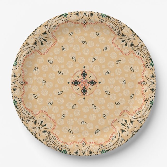 Western Paisley Gold Bandana Print Party 9" Paper Plates (Front)