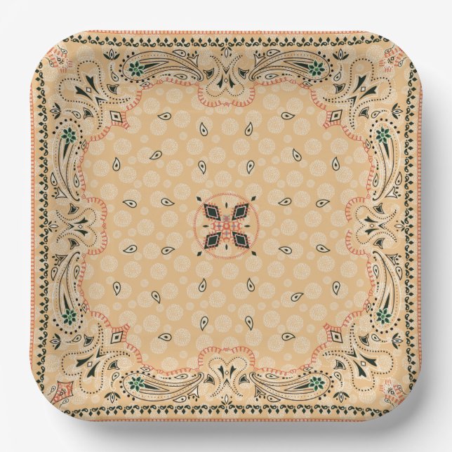 Western Paisley Gold Bandana Print Party 9" Sq Paper Plates (Front)