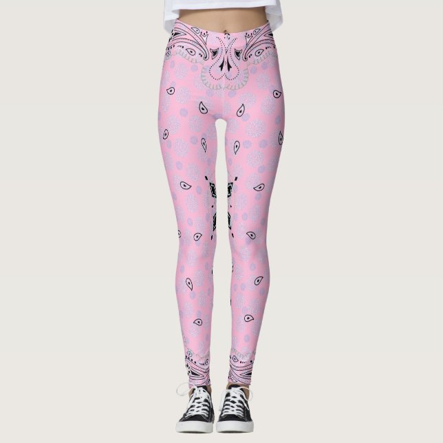 Western Paisley Pink Bandana Print Cowgirl Leggings (Front)