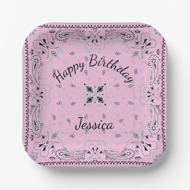 Western Paisley Pink Bandana Print Party Custom 7" Paper Plates (Front)