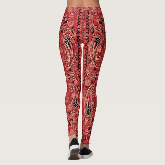 Western Paisley Red Bandana Print Cowgirl Leggings (Back)