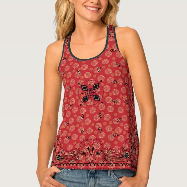 Western Paisley Red Bandana Print Cowgirl Tank Top (Front)