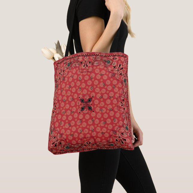 Western Paisley Red Bandana Print Cowgirl Tote Bag (Close Up)