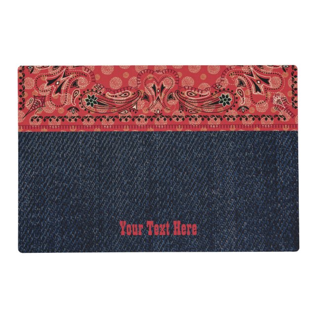 Western Paisley Red Bandana Print Denim Laminated Placemat (Front)