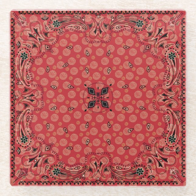 Western Paisley Red Bandana Print Glass Coaster (Front)