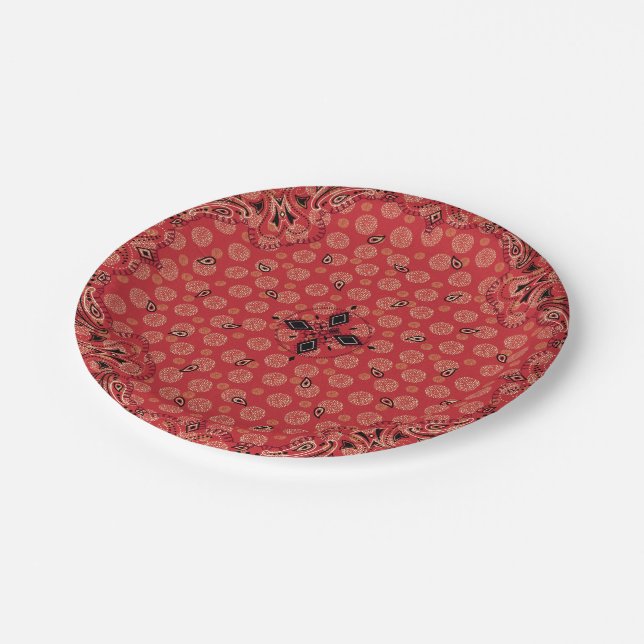 Western Paisley Red Bandana Print Party 7" Paper Plates (Angled)