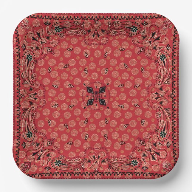 Western Paisley Red Bandana Print Party 9" Sq Paper Plates (Front)