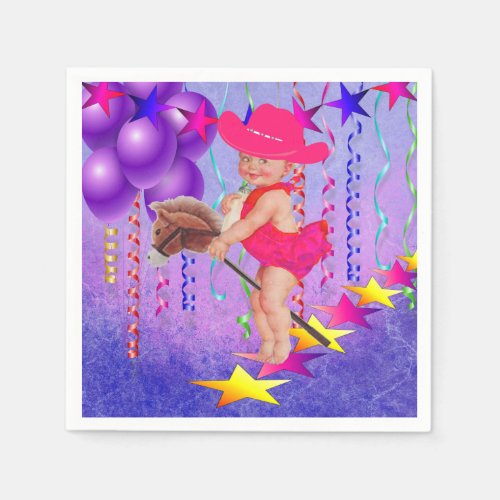 Western Party Baby Cowgirl On Stick Horse Napkin
