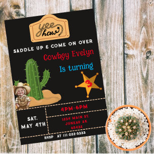 Western Party Birthday Cowgirl Cactus Magnetic Invitation