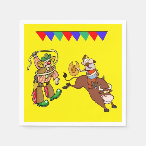 Western Party Bull Rider and Rodeo Clown Paper Napkins