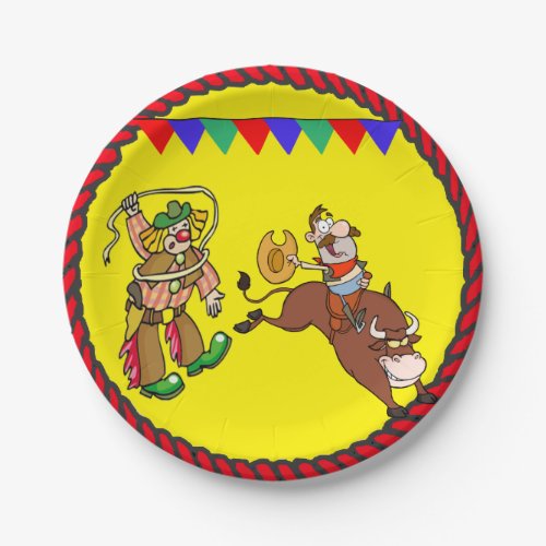 Western Party Bull Rider and Rodeo Clown Paper Plates